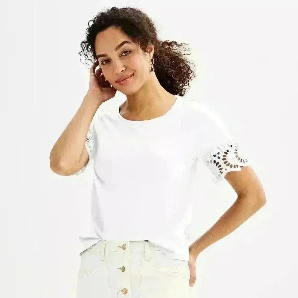Women's Sonoma Eyelet Lace Trimmed Short Flutter Sleeve Crewneck Size PM NWT
